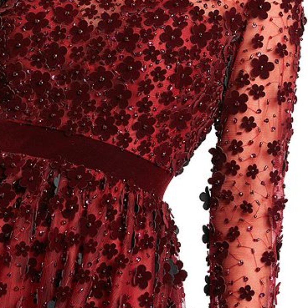 Mac Duggal Floral Applique Cocktail Dress Dark Red Burgundy Velvet Mesh 14 - Picture 6 of 7